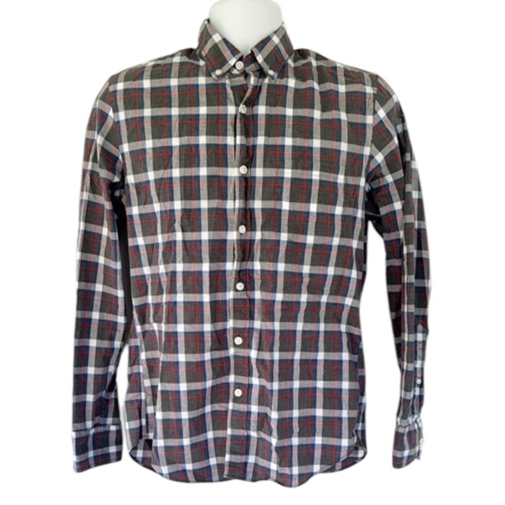 J. Crew Heathered Cotton red gray plaid print cotton button down shirt small